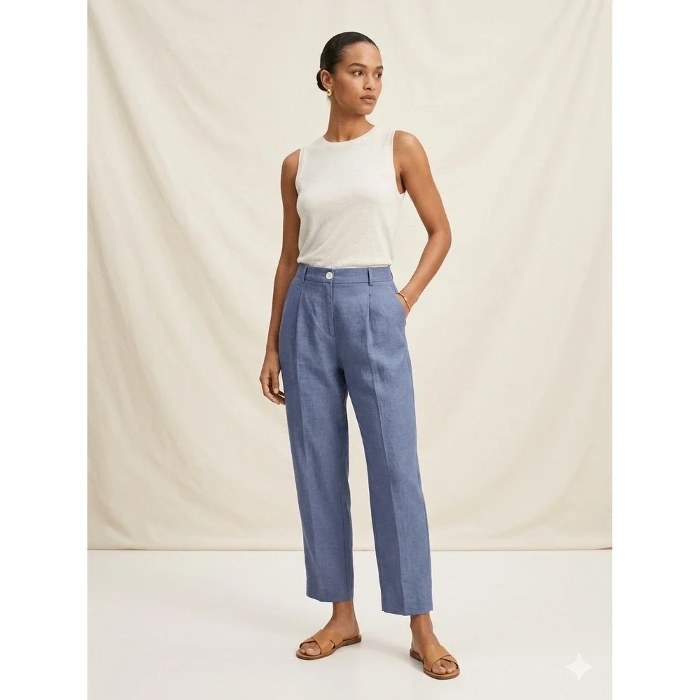 Mango Trousers Women Size 10 Blue Bruno Linen Pleated Straight Leg Pants NEW